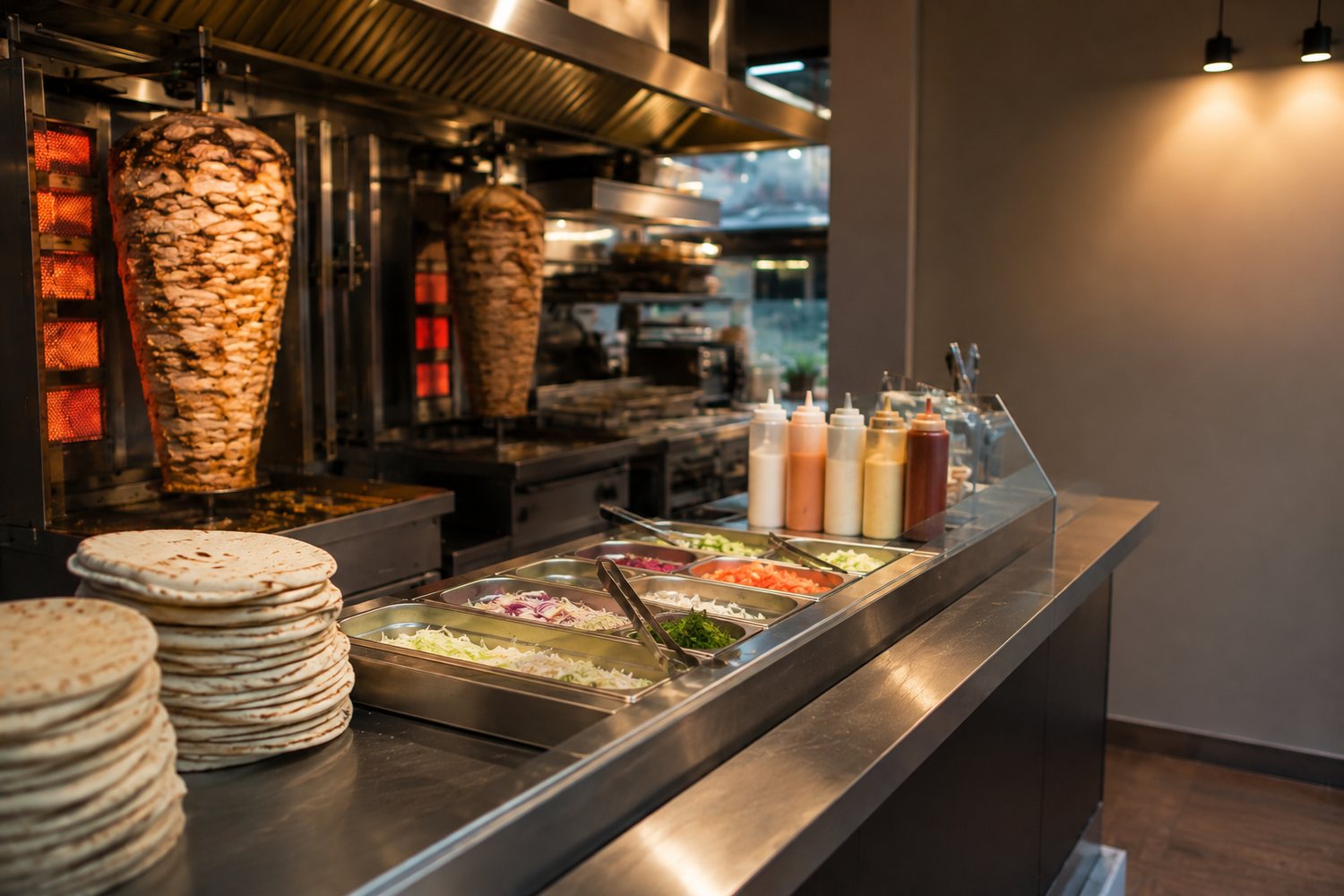A small shawarma and kebab counter during the evening rush